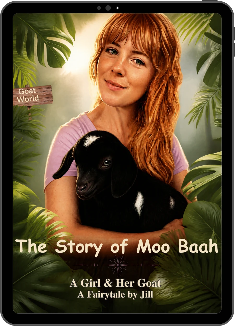 The Story of Moo Baah book cover on an iPad: Jill holding baby Moo Baah among tropical leaves, with a Goat World sign