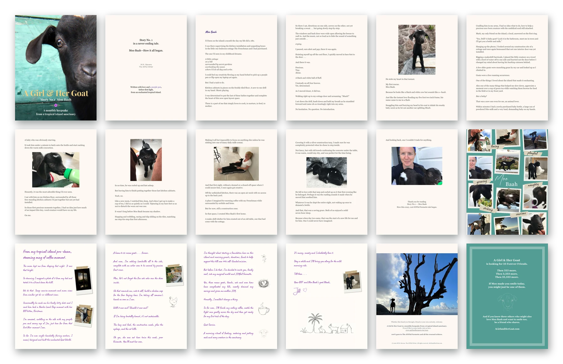 All 18 pages of Story No.1, Moo Baah, laid out in order: the cover, the story with photos, a photo collage, Jill's handwritten-style letter and the closing pages